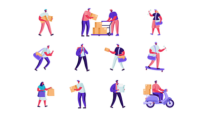 Delivery Characters 2D Animation Pack 2d animation bicycle box characters courier delivery delivery man delivery service flat illustration logistics motion motocycle online shopping pack package scooter shipping transportation