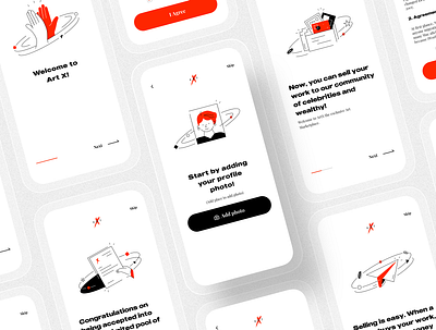 Welcoming screens for Artists application application ui art artist clean ui ecommerce app illustration ios app mobile mobile app design mobile design mobile ui uidesign uiux uxdesign vector welcome page welcome screen