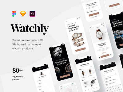 Watchly - Ecommerce UI Kit adobe adobexd app appdesign design ecommerce elegant figma kit luxury mobile mobileapp modern product sketch store ui uikit watch xd