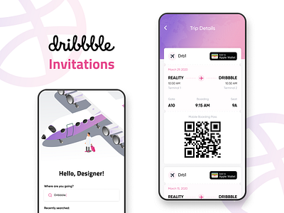 2 Dribbble Invitations adventure app dribbble dribbble ball dribbble invite figma flight giveway hello dribble illustraion invitation invites minimal mobile pink plane ticket two ui ux