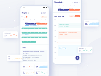 The weather calendar app blue buttons calendar clean color data design information orange trip ui visualization weather
