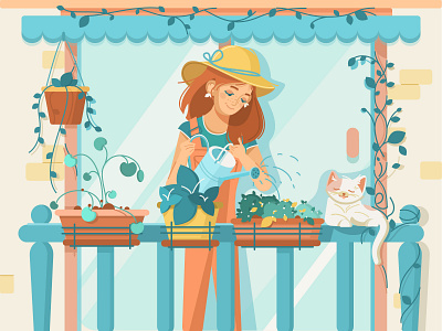 Girl gardener watering flowers balcony cat flat illustration flowers gardening girl plant