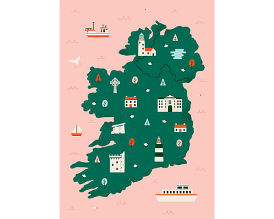 Map of Ireland boat drawing dublin holiday illustration ireland lighthouse map photoshop sheep