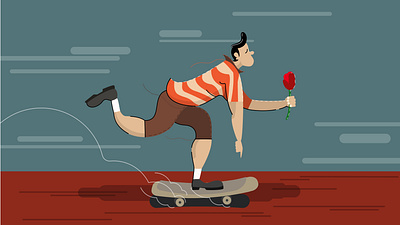 Love is in the air boy character flat flower illustration love man ride rose skateboard spring vector window