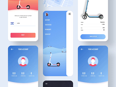 Scooter all screens animation after effects clean design illustration interaction design interface mobile app mobile app design motion design scooter app services simple solution ui user experience ux