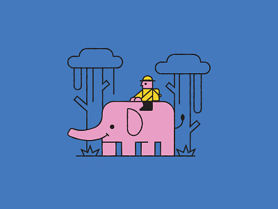 Safari animal blue brand elephant flat grass identity illustration jungle man pink safari simple trees vine wildlife