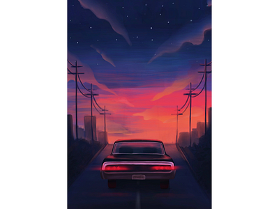 Retro poster bright car color digital illustration night photoshop poster procreate sky