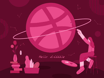 Hello Dribbble branding brush pen design drawing dribbble flat girl illustration logo paint pigment pink space star woman