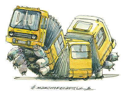 IK280 book illustration bus caterpillar character character design concept art concept design drawing droid editorial illustration hand drawn illustration ink march of robots marchofrobots mecha robot sketch transport watercolor