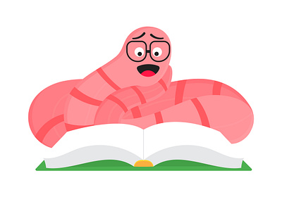 Cartoon style earthworm with book and glasses book bookworm cartoon earthworm education flat funny reading student study worm