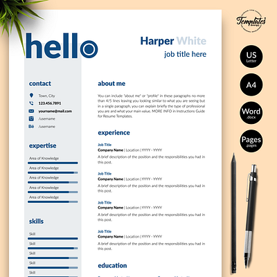 Creative Resume for Word & Pages “Harper White” 1 page resume 2 page resume 3 page resume clean resume creative resume curriculum vitae cv template editable resume modern resume photographer resume professional resume reporter resume resume design resume for pages resume for word resume template