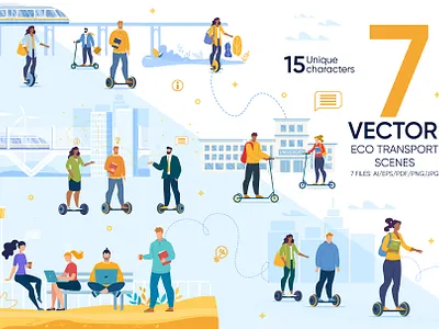 Eco Transport Vector Scenes bicycle business city eco electric flat green illustration landscape lifestyle mobility people road scooter street summer tech transport tree vector