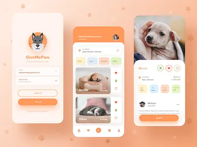 Give Me Paw charity pet adoption app app branding cat cats charity clean ui dog friendly friendly animal logo pet pets shelter ui ui ux ui design uidesign uiux ux volunteer