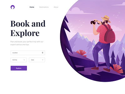 Travel Website Header booking design exploration explore exploring gradation gradient header hero hiker hiking homepage illustration landingpage mountain travel travelling ui ux vector