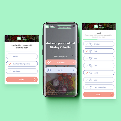 Keto diet mobile quiz design diet app food app health app keto ketogenic questionnaire quiz app ui ux web web design