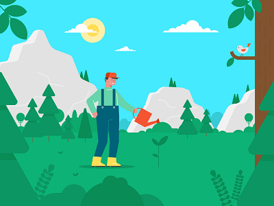 Earth Day animation bird character ecology flat forest illustration landscape man scene simple vector