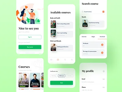 Life Architect App app buy courses download home screen list login menu mobile notifications player profile progressbar purchase search settings tab ui ux video