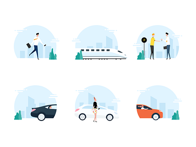 Illustration Set Mobility App app design blue cars character illustration characterdesign design app iconography icons illustration illustration design illustration digital illustration set illustrations mobility design train