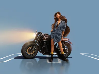 Hannah on her Fury in Cadillac Ranch 2d animation cover art digital painting fashion character fashion illustration gas station illustration magazine cover music album old school