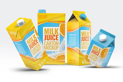 4 Types Milk Juice Cartons Mockup 3d box branding bundle cans cartons drink juice milk package