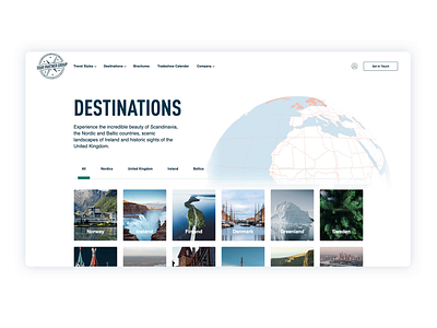 Tour Partner Group - Destinations Page 3d animation animation clean ui design globe graphic design interaction design tabs tourism ui ux web design white ui whitespace