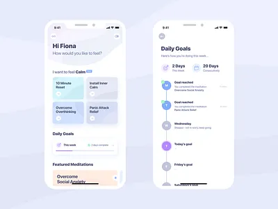 Mind Detox Mobile App UI app clean flat gradient guided meditations interface meditation mindfulness minimal mobile ui ux white
