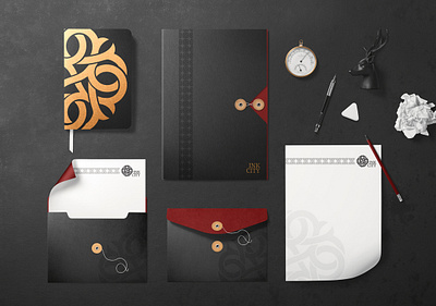 Ink City Collateral brand identity branding colours envelope folder letterhead notebook pattern tattoo