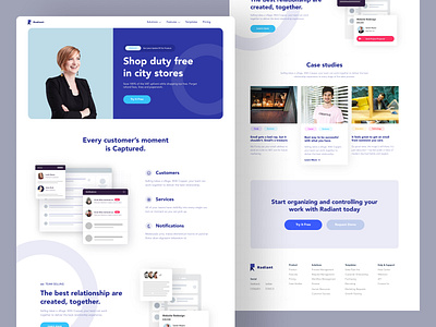 Radiant Product Landing Page branding business card case study color design features landing page product website design