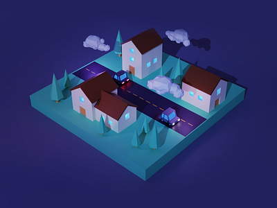 Neighbourhood 3d illustration blender diorama houses isometric low poly neighbourhood nighttime road trees