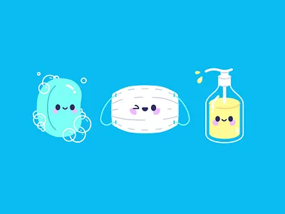 Quarantine buddies character covid 19 facemask flat illustration liquid mask mishax quarantine soap