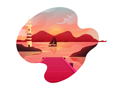 dribbble design flat design grain illustration landscape lighthouse nature peaceful sunrise vector zen