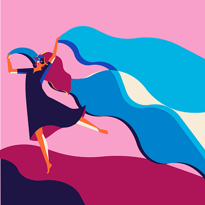 illustration of a woman dancing blue dancing dress flat icon illustration jump logo malika fravre masquerade party pink poster vector vibrant woman