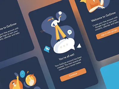 All set! - illustrations and animations for web site / app dark ui facebook growing growth interface json lottie lottiefiles messenger onboarding onboarding screens pigtails social media tail telegram wizard