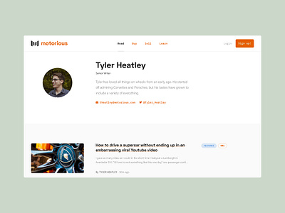 Motorious – Author bio articles authentication author automotive beta bio blog car classic car classifieds desktop editorial feed mobile mobile responsive profile ui ux web design