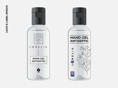 Logo and label design for hand gel antiseptic. Lobelia. blooming blossom botanical decor design designer element floral flower hand drawn herbal label logo line linear lineart lobelia package packaging simple