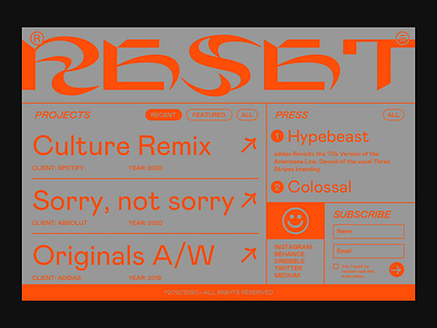 RESET branding brutalist gif golden ratio goldenratio grid portfolio type typography ui vector video web design webdesign website