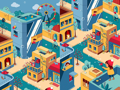 February bubble children city illustration kids