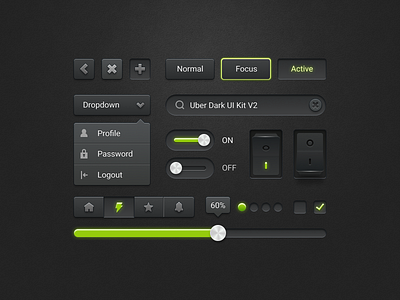 Uber Dark UI Kit dark mode dark ui dropdown figma focus freebie neumorphism photoshop segmented controller skeumorphic skeumorphism switch toggle switch uber uber dark ui ui design ui kit