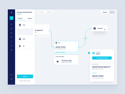 Logicsols - Shipment Path Creator cards cargo chart clean creator desktop details graph management map navigation order overview roadmap shipment supply chain tool track transport widget