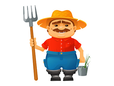 A happy farmer bucket design farmer garden happy illustration pitchfork smile vector work