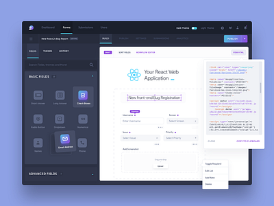 Form Automation Software: Creating a Form dark mode dark theme dark ui drag and drop field fields form form builder form design form elements form fields forms forms creation front end front end development html css product design react reactjs workflow