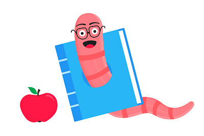 Worm with apple cartoon character icon sigh. apple book bookworm earthworm education flat knowledge student vector worm