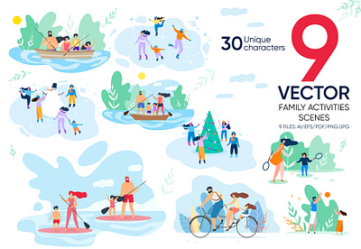 Family Activities Vector Scenes active amusement badminton beach bike family fitness flat games illustration park people play recreation sport swim time vector weekend winter