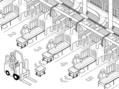 Isometric Factory character design factory industry isometric lift truck linework pattern tech technical drawing technical illustration