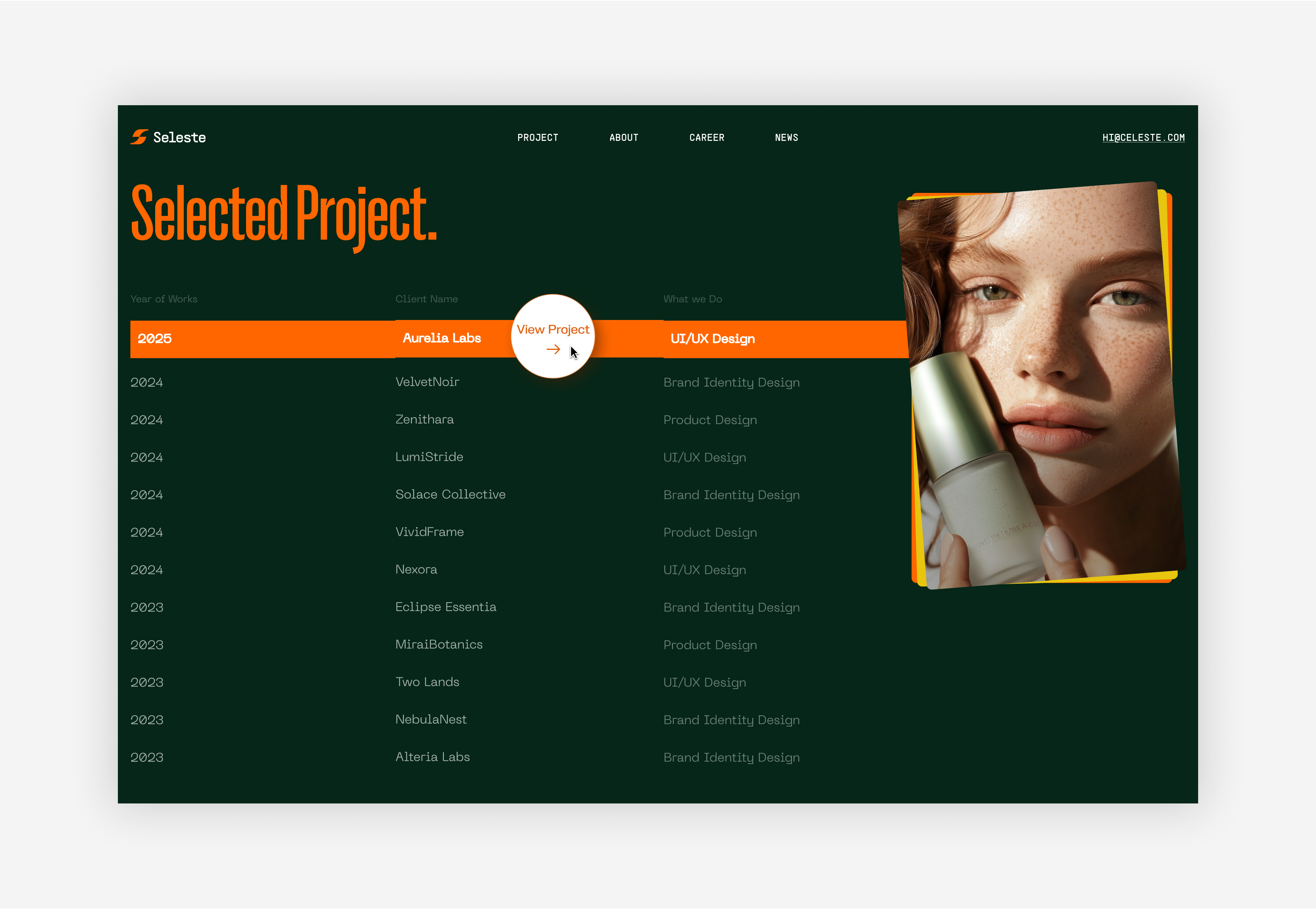Seleste - Selected Project Section Web Page artdirection bold typography branding cleandesign creativedesign designshowcase landing page layout minimaldesign minimalist portfoliodesign project showcase selected project showcase ui uidesign uiux ux web design web page