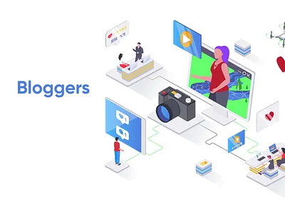 Bloggers 2D Isometric Animation 2d animation blog blogger bloggers camera content creation digital marketing engagement flat illustration influencer isometric live streaming media production motion online communication social media video vlogging