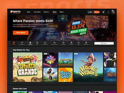 Esports Betting Casino betting casino categories curation dark design filtering gambling games gaming grid layout grid view menubar personalisation slots thumbnails