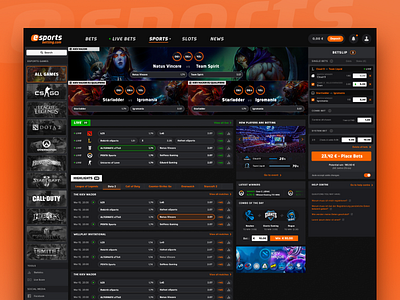 Esports Betting Sportsbook bets betslip betting competitions dark dark ui design esports filtering gambling games gaming leagues live sports matchbook scoreboard sports sportsbook