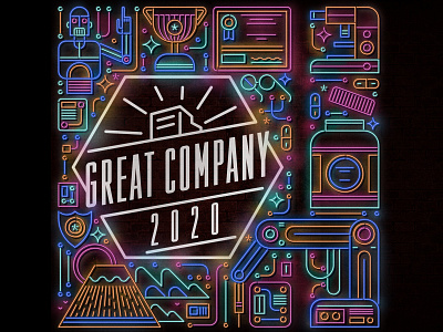 Great Company 2020 blockchain editorial factory graphic illustration linework monoline neon lighting retro robot technology texture trophy vector