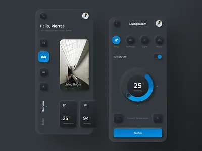 Smart Home App air conditioning app control panel dark app dark mode dark ui home house mobile neumorph neumorphic neumorphism night mode remote control skeuomorph app skeuomorphic skeuomorphism smart home smart home app